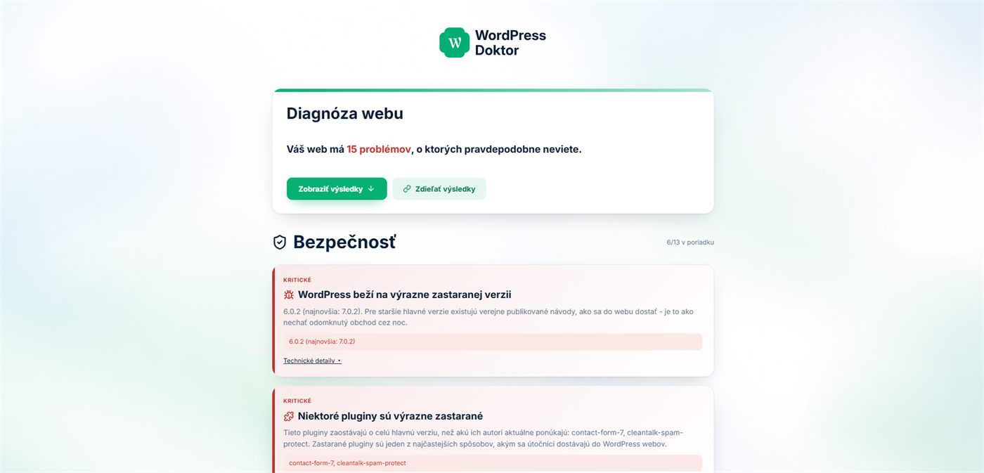 Ukážka výsledkov: diagnóza webu s nájdenými problémami