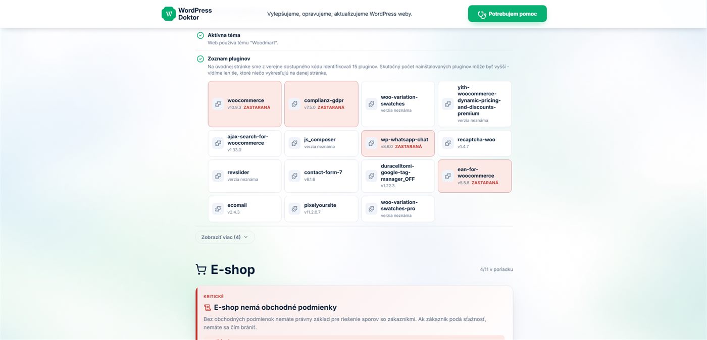 Ukážka výsledkov: zoznam pluginov a e-shop kontroly