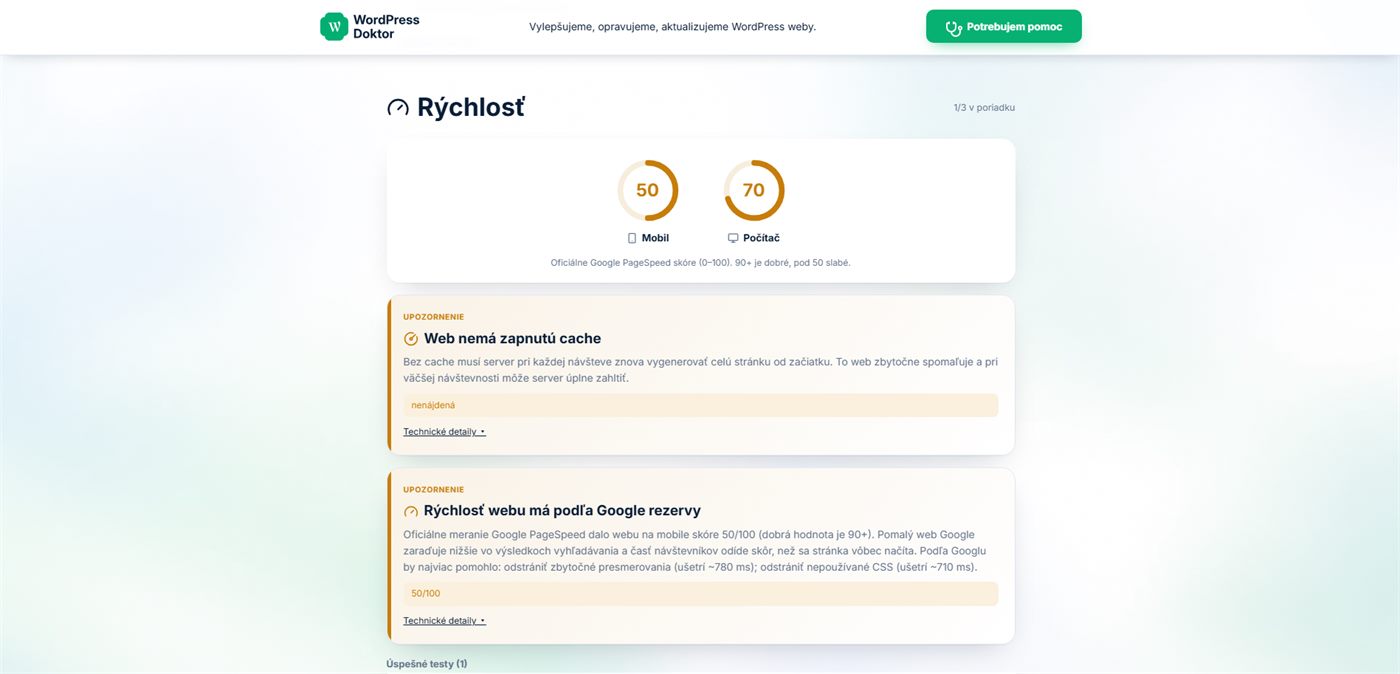 Ukážka výsledkov: rýchlosť podľa Google PageSpeed