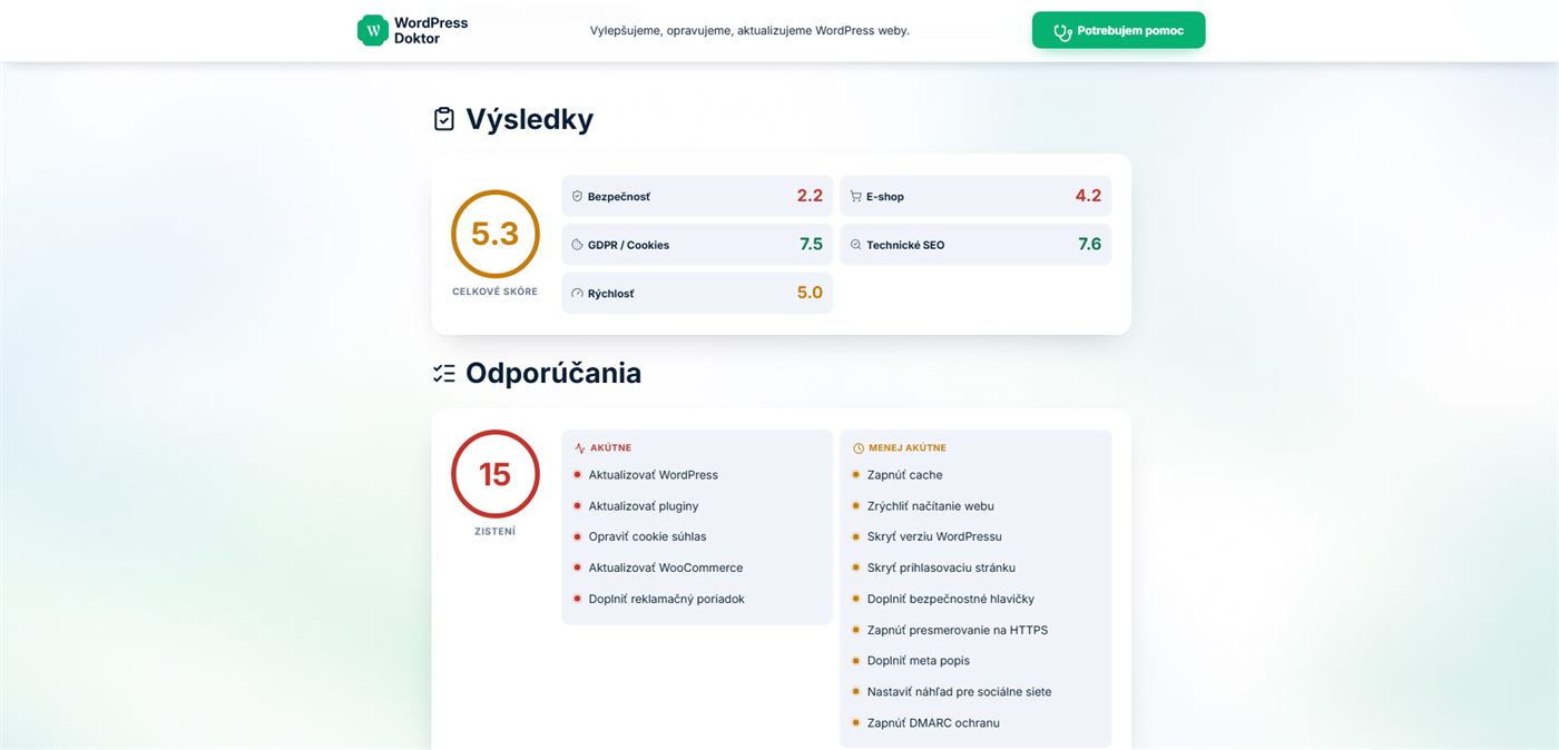 Ukážka výsledkov: celkové skóre a odporúčania