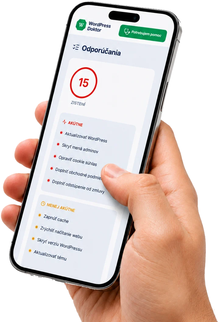 Ukážka diagnózy webu na mobile: zoznam akútnych a menej akútnych odporúčaní